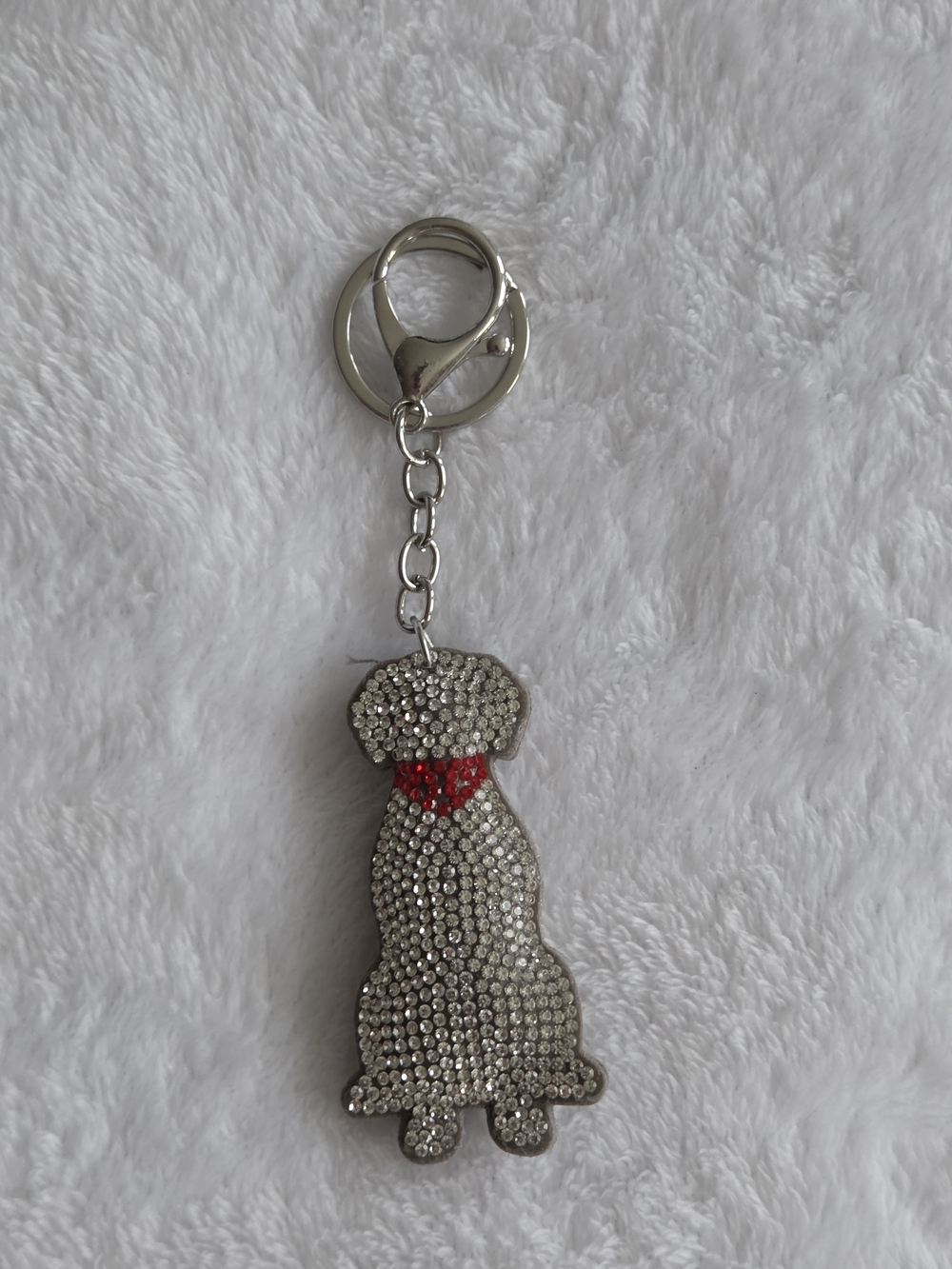Silver Rhinestone Dog Keychain with Red Collar Beautiful Bling Bag Charm